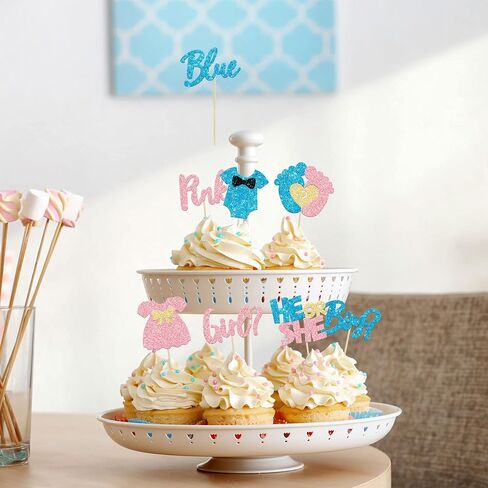 24Pcs Boy or Girl Cupcake Toppers Glitter Feet Onesie Dress Gender Reveal Cupcake Picks Pink or Blue Cake Decorations for Baby Shower Gender Reveal Kids Birthday Party Supplies in Kuwait