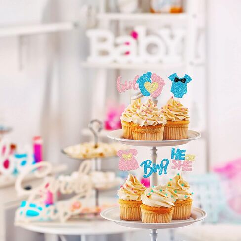 24Pcs Boy or Girl Cupcake Toppers Glitter Feet Onesie Dress Gender Reveal Cupcake Picks Pink or Blue Cake Decorations for Baby Shower Gender Reveal Kids Birthday Party Supplies in Kuwait