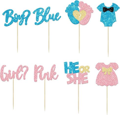 24Pcs Boy or Girl Cupcake Toppers Glitter Feet Onesie Dress Gender Reveal Cupcake Picks Pink or Blue Cake Decorations for Baby Shower Gender Reveal Kids Birthday Party Supplies in Kuwait