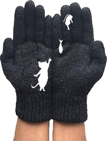 Cute Cat and Fish Winter Knit Thermal Gloves, Windproof Warm Mittens Glove for Women Men Teens in Saudi Arabia