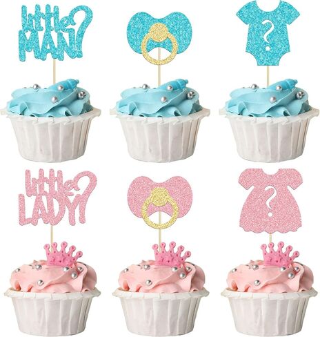 24Pcs Boy or Girl Cupcake Toppers Glitter Feet Onesie Dress Gender Reveal Cupcake Picks Pink or Blue Cake Decorations for Baby Shower Gender Reveal Kids Birthday Party Supplies in Kuwait