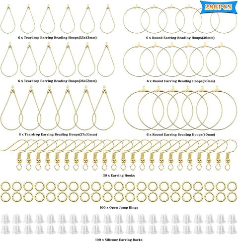 286pcs أقراط محفوفة بالقلق مجموعة لصنع المجوهرات ، 36 من الأطواق الديكور التي تجد الأطواق المستديرة للدموع مع 50 خطاف ، 100 حلقات القفز ، 100 ظهور القرط لأقراط صنع الإمدادات (K الذهب) in Kuwait