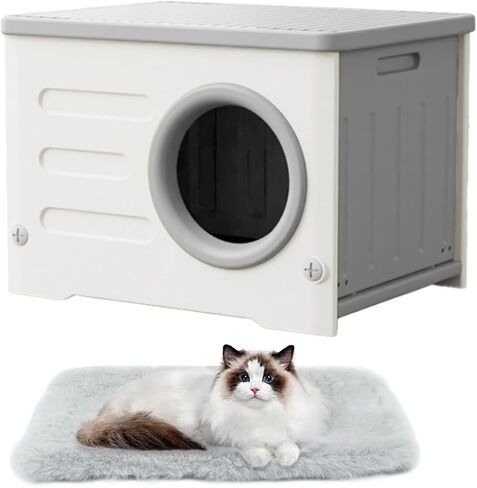 Weatherproof Stackable Cat House - Insulated & Waterproof Elevated Shelter for Indoor & Outdoor Cats Plastic Pet House Cat Wave with Bed Cushion(Grey Large) in Kuwait