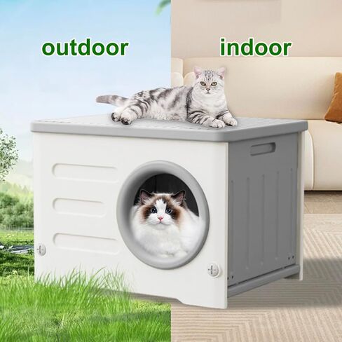 Weatherproof Stackable Cat House - Insulated & Waterproof Elevated Shelter for Indoor & Outdoor Cats Plastic Pet House Cat Wave with Bed Cushion(Grey Large) in Kuwait