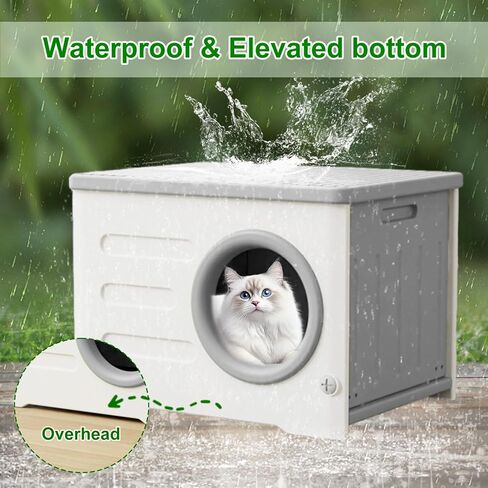 Weatherproof Stackable Cat House - Insulated & Waterproof Elevated Shelter for Indoor & Outdoor Cats Plastic Pet House Cat Wave with Bed Cushion(Grey Large) in Kuwait