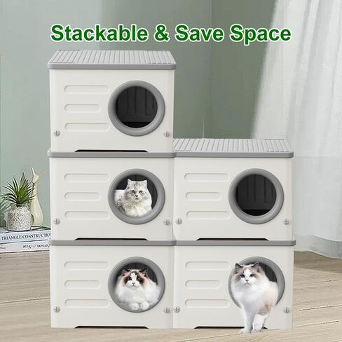 Weatherproof Stackable Cat House - Insulated & Waterproof Elevated Shelter for Indoor & Outdoor Cats Plastic Pet House Cat Wave with Bed Cushion(Grey Large) in Kuwait
