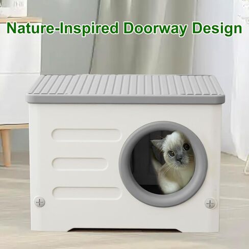 Weatherproof Stackable Cat House - Insulated & Waterproof Elevated Shelter for Indoor & Outdoor Cats Plastic Pet House Cat Wave with Bed Cushion(Grey Large) in Kuwait