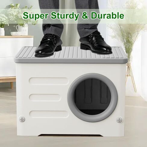 Weatherproof Stackable Cat House - Insulated & Waterproof Elevated Shelter for Indoor & Outdoor Cats Plastic Pet House Cat Wave with Bed Cushion(Grey Large) in Kuwait