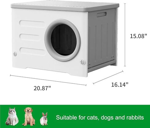 Weatherproof Stackable Cat House - Insulated & Waterproof Elevated Shelter for Indoor & Outdoor Cats Plastic Pet House Cat Wave with Bed Cushion(Grey Large) in Kuwait