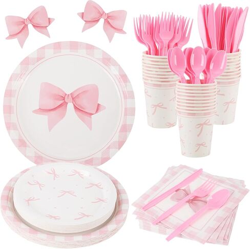 زخارف عيد ميلاد Coquette ، 210 PCS Pink Bow Party Party Cups Cups Forks ملاعق سكاكين مجموعات أدوات المائدة للبنات ديكور حفلة عيد ميلاد ، يقدم 30 in Kuwait