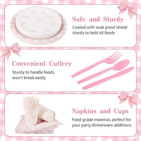 زخارف عيد ميلاد Coquette ، 210 PCS Pink Bow Party Party Cups Cups Forks ملاعق سكاكين مجموعات أدوات المائدة للبنات ديكور حفلة عيد ميلاد ، يقدم 30 in Kuwait