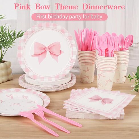 زخارف عيد ميلاد Coquette ، 210 PCS Pink Bow Party Party Cups Cups Forks ملاعق سكاكين مجموعات أدوات المائدة للبنات ديكور حفلة عيد ميلاد ، يقدم 30 in Kuwait