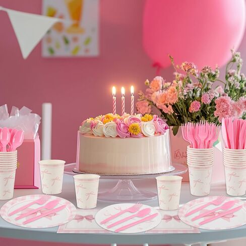 زخارف عيد ميلاد Coquette ، 210 PCS Pink Bow Party Party Cups Cups Forks ملاعق سكاكين مجموعات أدوات المائدة للبنات ديكور حفلة عيد ميلاد ، يقدم 30 in Kuwait