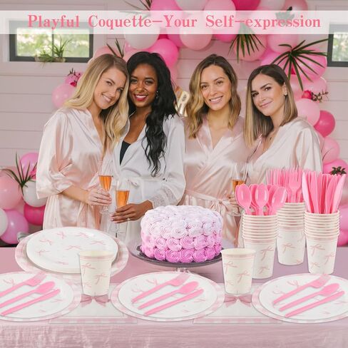 زخارف عيد ميلاد Coquette ، 210 PCS Pink Bow Party Party Cups Cups Forks ملاعق سكاكين مجموعات أدوات المائدة للبنات ديكور حفلة عيد ميلاد ، يقدم 30 in Kuwait