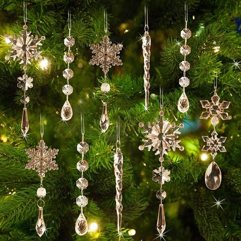 18pcs Crystal Christmas Ornaments for Christmas Tree Decorations-Hanging Acrylic Snowflake and Icicle Ornaments with Drop Pendants for Christmas Tree New Year Party Decorations Supplies in Kuwait