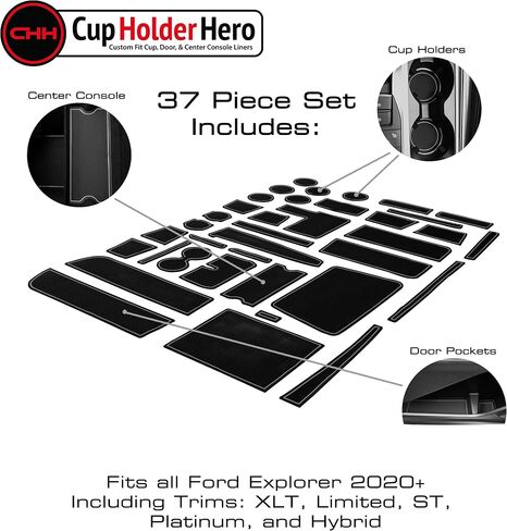 CupHolderHero fits Ford Explorer Accessories 2020-2023 Premium Custom Interior Non-Slip Anti Dust Cup Holder Inserts, Center Console Liner Mats, Door Pocket Liners 37pc Set (Solid Black) in Saudi Arabia