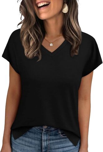 WIHOLL Womens Tops Basic Summer V Neck T Shirts Short Sleeve Dressy Casual Loose Fit Cute Tee Clothes Trendy Fashion Outfits in Kuwait
