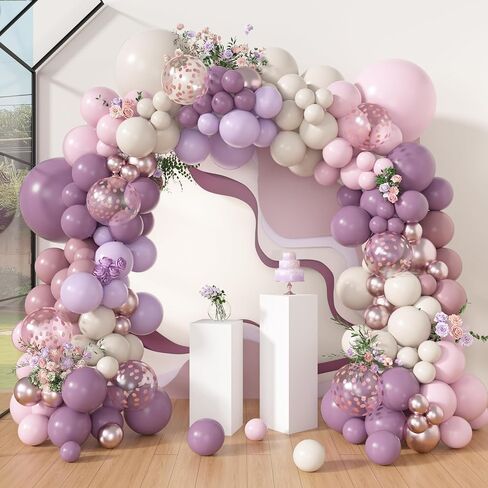 Amandir 173Pcs Dusty Purple Balloon Arch Garland Kit, Double-stuffed Pink White Sand Lavender Lilac Light Purple Rose Gold Confetti Balloons for Baby Bridal Shower Wedding Birthday Party Decorations in Saudi Arabia