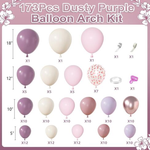 Amandir 173Pcs Dusty Purple Balloon Arch Garland Kit, Double-stuffed Pink White Sand Lavender Lilac Light Purple Rose Gold Confetti Balloons for Baby Bridal Shower Wedding Birthday Party Decorations in Saudi Arabia