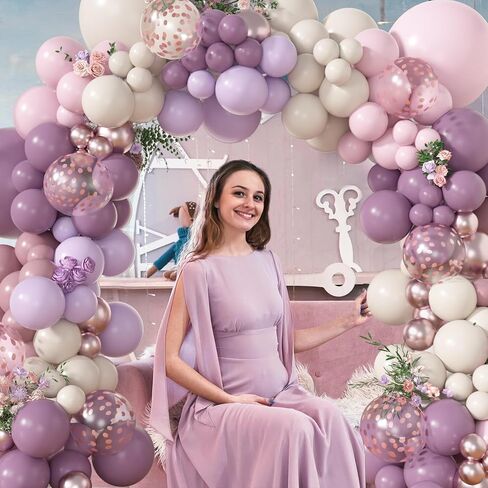 Amandir 173Pcs Dusty Purple Balloon Arch Garland Kit, Double-stuffed Pink White Sand Lavender Lilac Light Purple Rose Gold Confetti Balloons for Baby Bridal Shower Wedding Birthday Party Decorations in Saudi Arabia