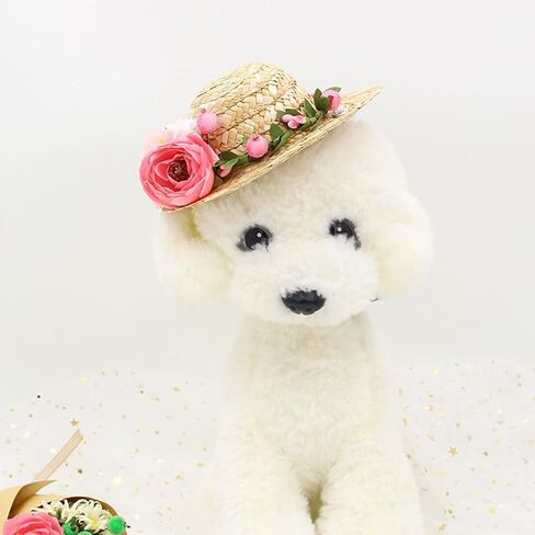 قبعات قش الكلب: قبعة شمس الحيوانات الأليفة مع الزهور ، كلب هاواي القش المنسوج ، قبعة دلو الشمس لقطط الجرو in Kuwait