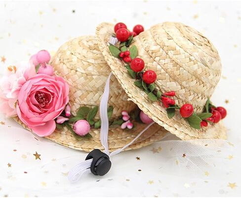 قبعات قش الكلب: قبعة شمس الحيوانات الأليفة مع الزهور ، كلب هاواي القش المنسوج ، قبعة دلو الشمس لقطط الجرو in Kuwait