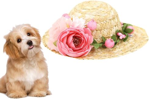 قبعات قش الكلب: قبعة شمس الحيوانات الأليفة مع الزهور ، كلب هاواي القش المنسوج ، قبعة دلو الشمس لقطط الجرو in Kuwait