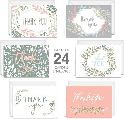 Canopy Street Blush Floral Pastel Thank You Cards / 24 Wedding Thanks Note Cards / 3 1/2" x 4 7/8" Baby Shower Greenery Accent Greeting Cards / 6 All Occasion Appreciation Note Designs in Kuwait