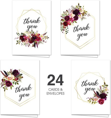 Canopy Street Blush Floral Pastel Thank You Cards / 24 Wedding Thanks Note Cards / 3 1/2" x 4 7/8" Baby Shower Greenery Accent Greeting Cards / 6 All Occasion Appreciation Note Designs in Kuwait