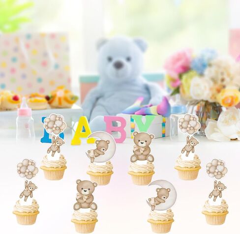 48Pcs Teddy Bear Cucpcake Toppers Baby Shower Baby Bear Cake Decorations Little Bear Cupcake Topper for Bear Theme Baby Shower Birthday Supplies (blue) in Kuwait