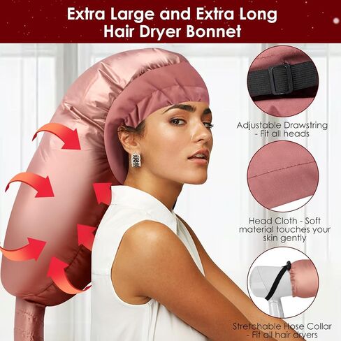 Bonnet Hood Hair Dryer Attachment: Upgraded Extra Large Adjustable Soft Dryer Caps - Easy to Use for Natural Curly Textured Hair Care Styling Fast Drying - Rose Gold in Kuwait