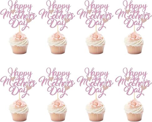 24pcs Mother's Day Cupcake Toppers,Pink Mother's Day Cake Decoration,Happy Women's Day Theme Women Birthday Party Cake Decorations Supplies in Kuwait