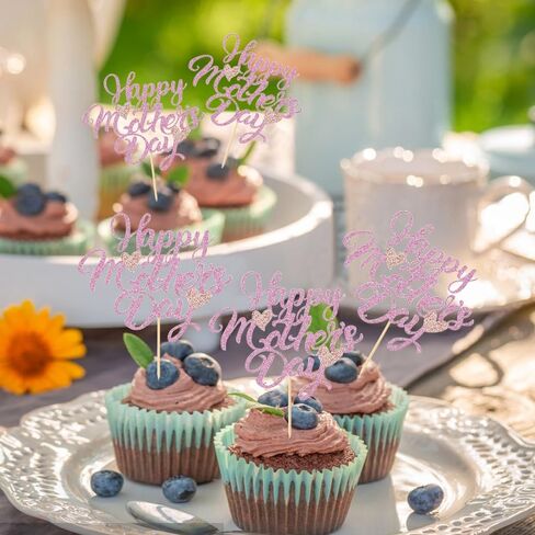24pcs Mother's Day Cupcake Toppers,Pink Mother's Day Cake Decoration,Happy Women's Day Theme Women Birthday Party Cake Decorations Supplies in Kuwait