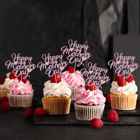 24pcs Mother's Day Cupcake Toppers,Pink Mother's Day Cake Decoration,Happy Women's Day Theme Women Birthday Party Cake Decorations Supplies in Kuwait