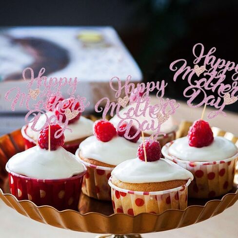 24pcs Mother's Day Cupcake Toppers,Pink Mother's Day Cake Decoration,Happy Women's Day Theme Women Birthday Party Cake Decorations Supplies in Kuwait