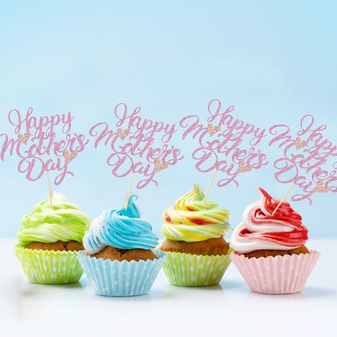 24pcs Mother's Day Cupcake Toppers,Pink Mother's Day Cake Decoration,Happy Women's Day Theme Women Birthday Party Cake Decorations Supplies in Kuwait