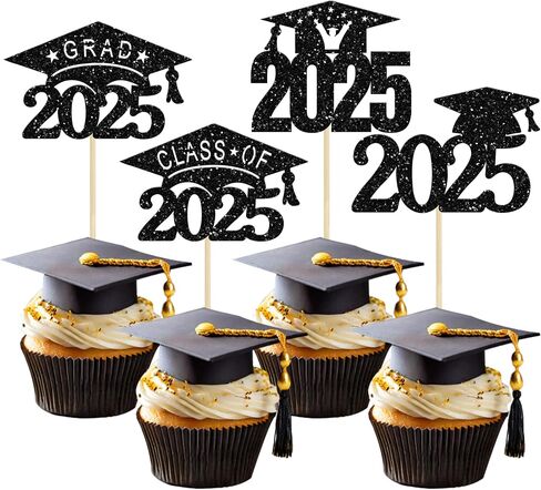 24 Pack Black Glitter 2025 Graduation Cap Cupcake Toppers Class of 2025 Grad Cap Cupcake Picks for 2025 Graduation Theme Party Cake Decorations Supplies in Kuwait