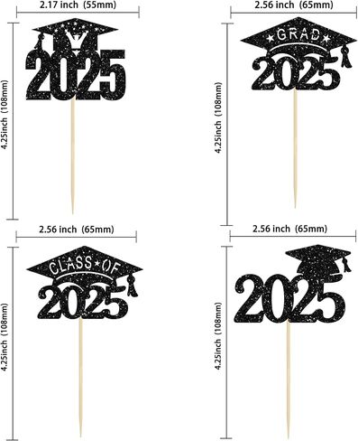 24 Pack Black Glitter 2025 Graduation Cap Cupcake Toppers Class of 2025 Grad Cap Cupcake Picks for 2025 Graduation Theme Party Cake Decorations Supplies in Kuwait