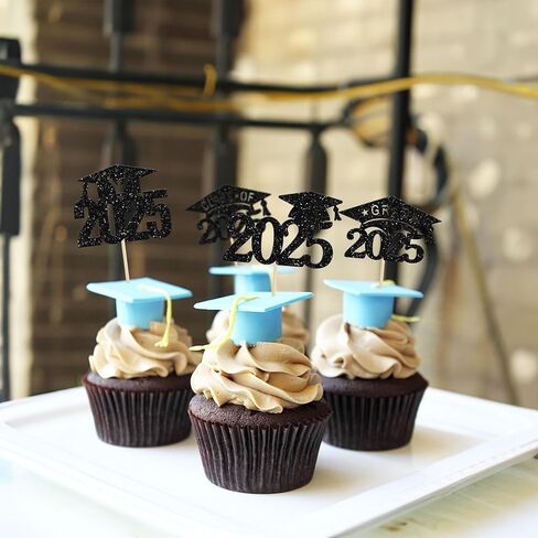 24 Pack Black Glitter 2025 Graduation Cap Cupcake Toppers Class of 2025 Grad Cap Cupcake Picks for 2025 Graduation Theme Party Cake Decorations Supplies in Kuwait