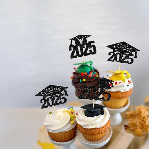 24 Pack Black Glitter 2025 Graduation Cap Cupcake Toppers Class of 2025 Grad Cap Cupcake Picks for 2025 Graduation Theme Party Cake Decorations Supplies in Kuwait