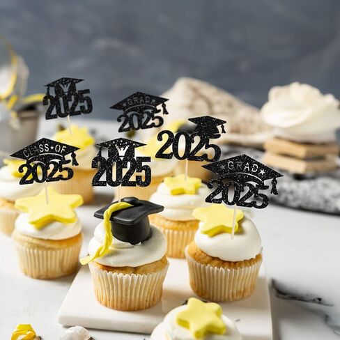 24 Pack Black Glitter 2025 Graduation Cap Cupcake Toppers Class of 2025 Grad Cap Cupcake Picks for 2025 Graduation Theme Party Cake Decorations Supplies in Kuwait