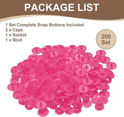 HARFINGTON 200 Set Plastic Snaps T5 Round Resin No-Sew Button Plastic Snap Fasteners Kit for Clothing Sewing Rain Coat Diapers Bibs Crafting, Rose Red in Kuwait