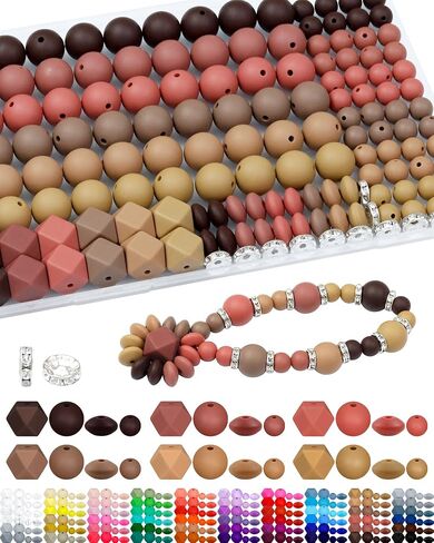 172PCS FIVEIZERO Silicone Beads for Keychain Making, 6 Mixed Colors Silicone Focal Beads Kit, 9mm & 15mm Round Lentil Hexagon Beads & Rhinestone Spacer Beads for Jewelry Making & Bracelets (Brown) in Saudi Arabia