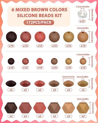 172PCS FIVEIZERO Silicone Beads for Keychain Making, 6 Mixed Colors Silicone Focal Beads Kit, 9mm & 15mm Round Lentil Hexagon Beads & Rhinestone Spacer Beads for Jewelry Making & Bracelets (Brown) in Saudi Arabia