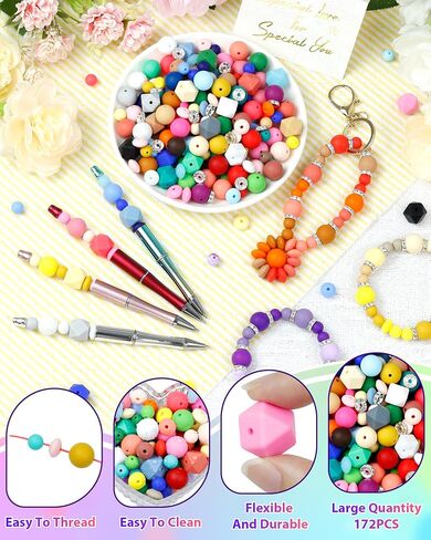 172PCS FIVEIZERO Silicone Beads for Keychain Making, 6 Mixed Colors Silicone Focal Beads Kit, 9mm & 15mm Round Lentil Hexagon Beads & Rhinestone Spacer Beads for Jewelry Making & Bracelets (Brown) in Saudi Arabia