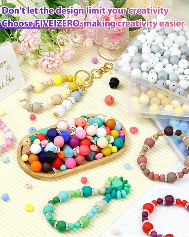172PCS FIVEIZERO Silicone Beads for Keychain Making, 6 Mixed Colors Silicone Focal Beads Kit, 9mm & 15mm Round Lentil Hexagon Beads & Rhinestone Spacer Beads for Jewelry Making & Bracelets (Brown) in Saudi Arabia
