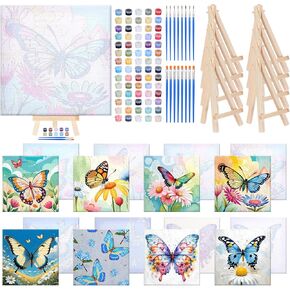RoundFunny 8 Set Paint by Numbers Kit with 8x8 Inch Landscape Painting Canvas Wooden Frame Easel Acrylic Paints Brushes Numbers Drawing Kit for Gift Home Wall Decor(Elegant Flight)