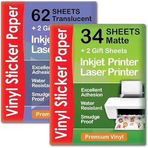 Premium Print Finyl Sticker Paper Matte لـ INKJET Printer 34 Sheets + ورقة ملصق شفافة واضحة لطابعة طابعة Inkjet وطابعة الليزر 62 | بواسطة Agodeo