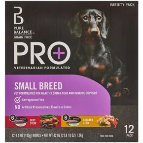Pure Balance Pro+ Beef Stew & Chicken Stew Wet Dog Food for Small Breeds, Grain Free, 3.5 oz Cups (12 Pack)