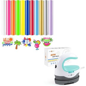 HTVRONT Heat Press Mini Heat Press Machine & HTVRONT Neon HTV Heat Transfer Vinyl - 12 Pack HTV Vinyl with 11 Assorted Colors Iron on Vinyl and 1 Teflon Sheet, Neon HTV Sheets